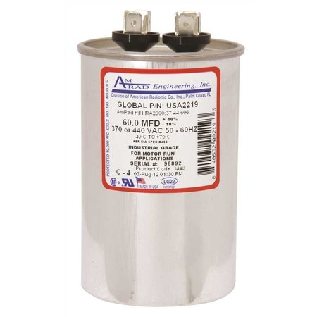 AMRAD ENGINEERING ROUND MOTOR RUN CAPACITOR, 60 MFD, 370/440 VAC USA2219